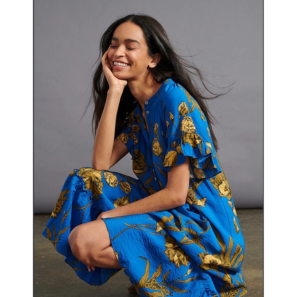 by Anthropologie Blue Floral Ruffle Maxi Dress XS Tiered Flutter Sleeve O-68